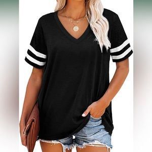 Womens SS Black Tee w/white stripes on sleeves - L
